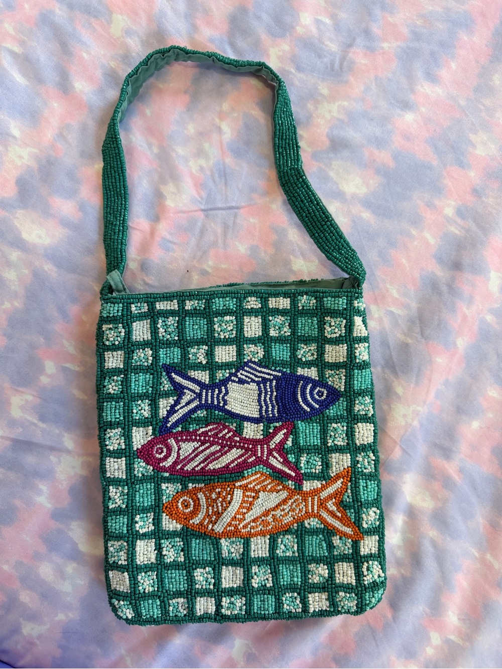 Zara Teal Beaded Mini vacation bag Blue, Purple and Orange Fish